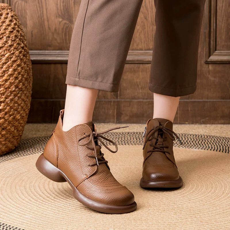 GKTINOO Women Autumn Boots Cowhide Ankle Boots 2025 Winter Retro Casual Genuine Leather Mother Boots Fur Keep Warm Low Heel 41