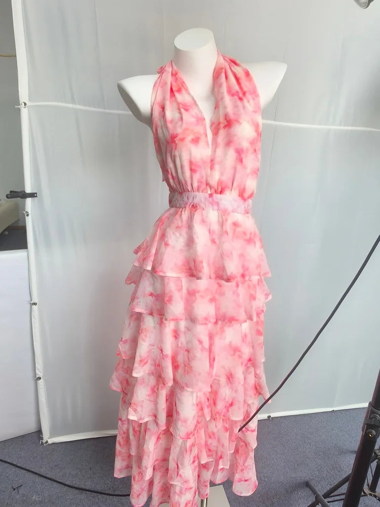Floral Print Halter Neck Tiered Ruffle Dress Waist Cinched V Neck 2026 Summer Causal Women Vacation Irregular Layered Vestido