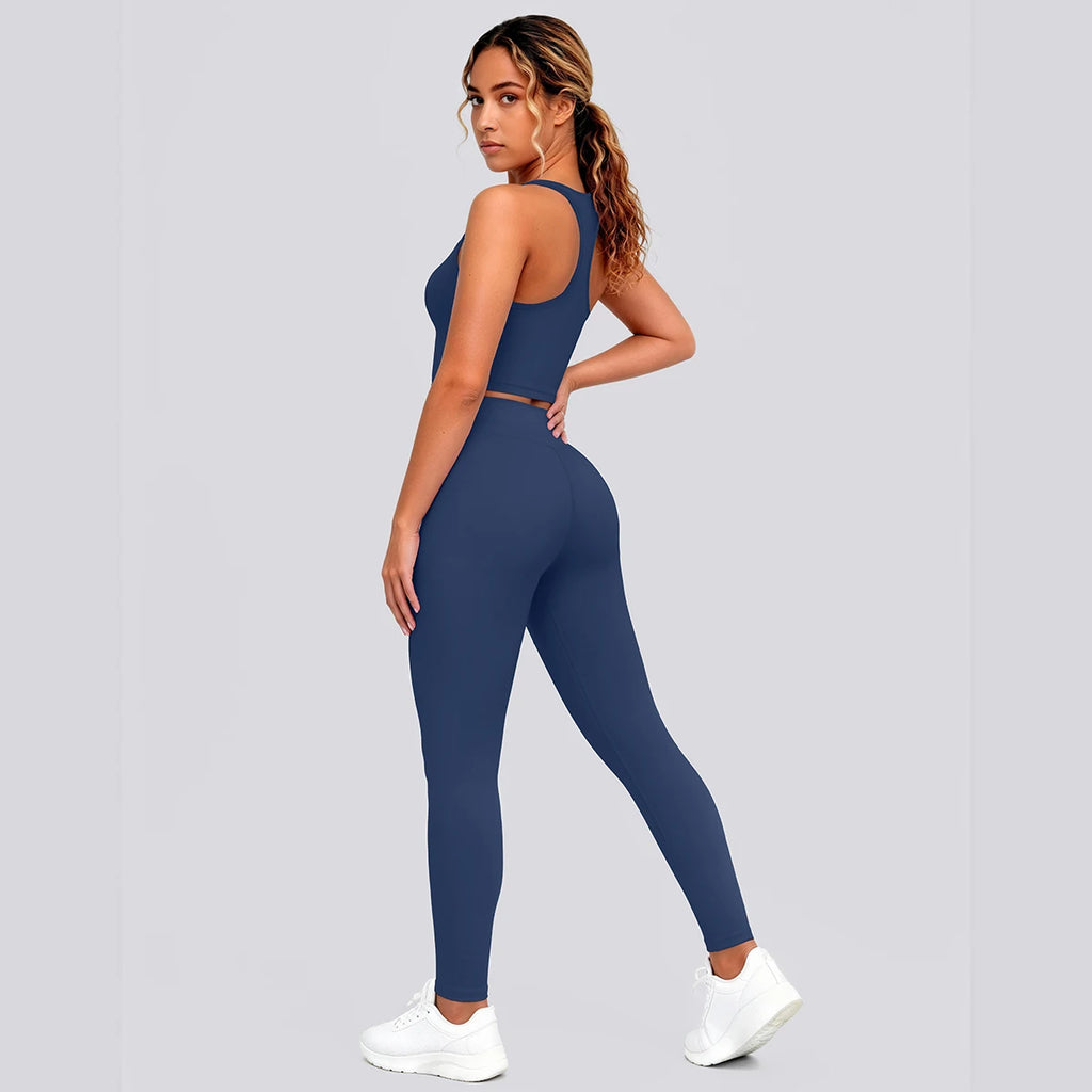 2PCS Solid Color Yoga Set for Woman's Gather Beautiful Back I-shaped Vest Shock-absorbing Running Yoga Tank Top Push Up Pants