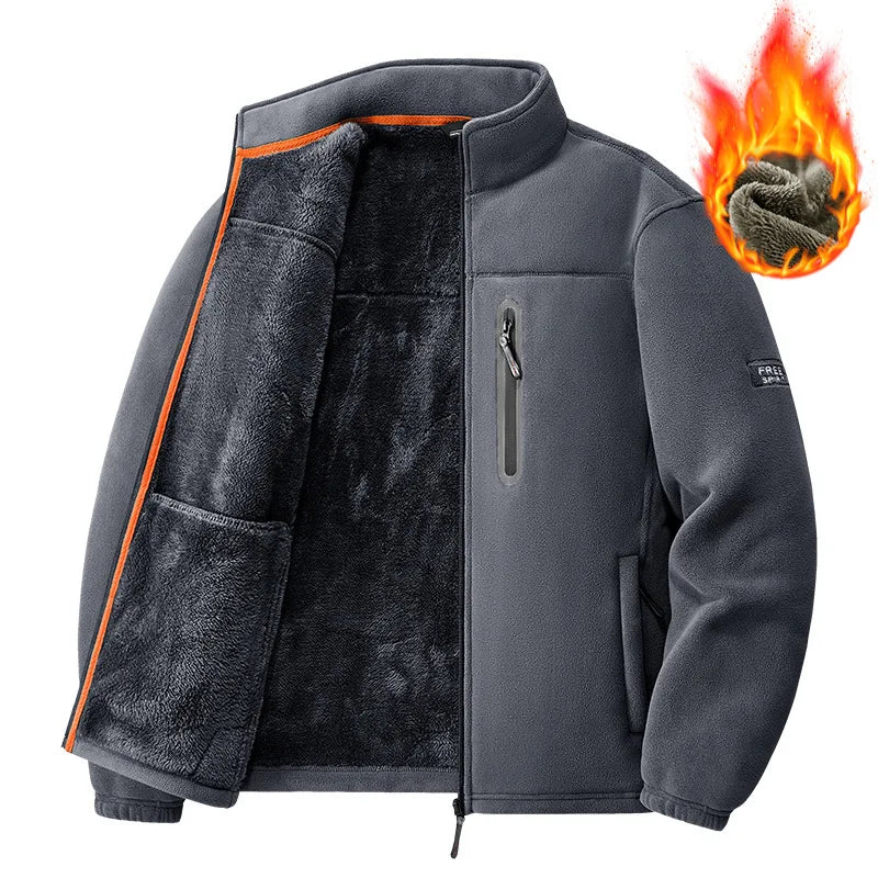 Winter Thickened Windproof Stand Collar Zipper Jacket for Men Casual Outdoor Fleece-Lined Coat Embroidered Men's Warm Jackets