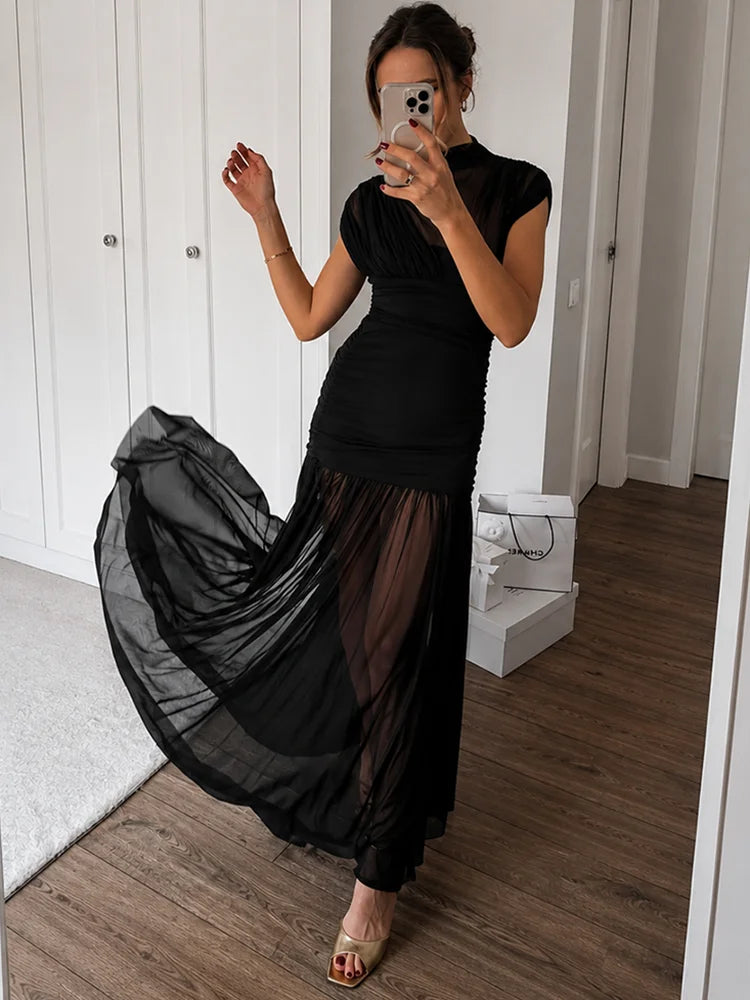 Tossy Black Mesh Fashion Maxi Dress For Women Sleeveless See-Through Patchwork Pleated Party Dress Female Autumn Long Dress 2025