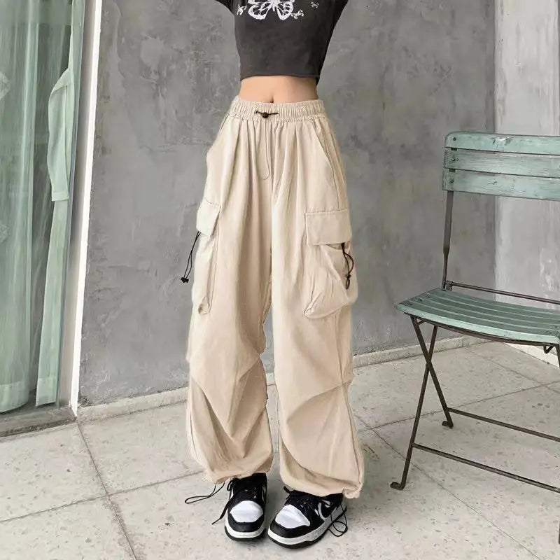 Women Streetwear Cargo Pants Elastic Waist Multi Pocket Loose Wide Leg Vintage Drawstring Casual Trousers