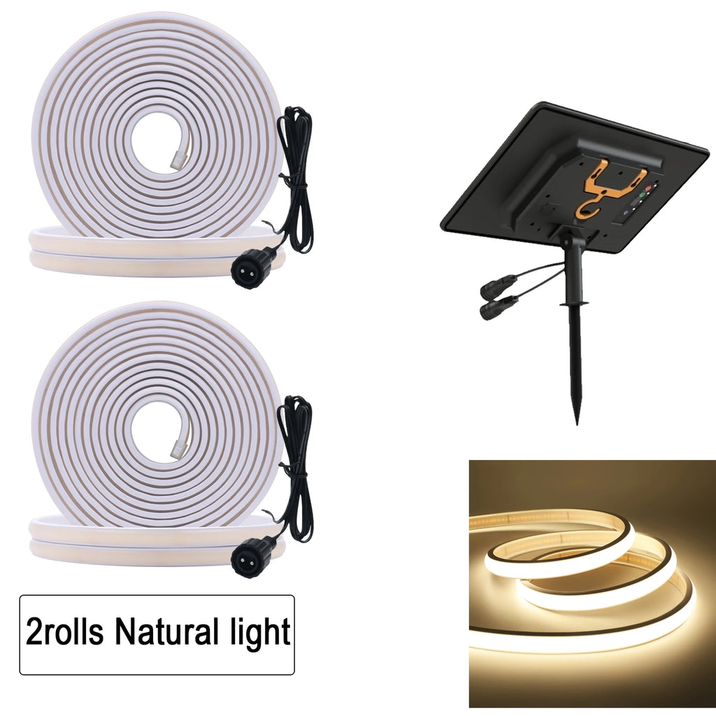 24V COB LED Solar Strip Outdoor Waterproof Neon Light 320LEDs/m Flexible Rope Light Warm Natural White Courtyard Home Lighting