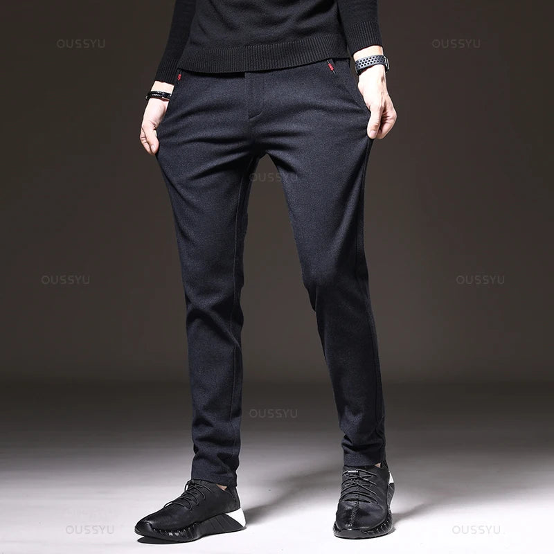 Autumn  Winter New Classic Casual Pants Men Thick Business Korea Slim Fit Stretch Gray Blue Black Brushed Fabric Trousers Male