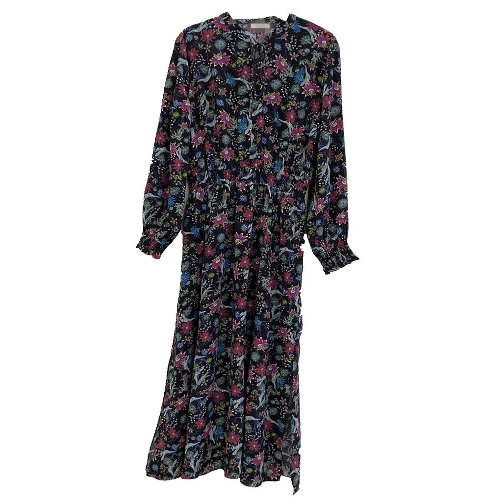 Elegant Black Floral Print Long Sleeve Slimming Dress High Waist A-Line Skirt V-Neckline Silk Fabric Spring Summer New Arrival
