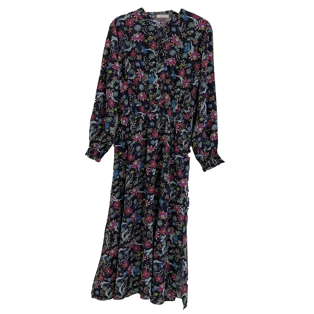 Elegant Black Floral Print Long Sleeve Slimming Dress High Waist A-Line Skirt V-Neckline Silk Fabric Spring Summer New Arrival