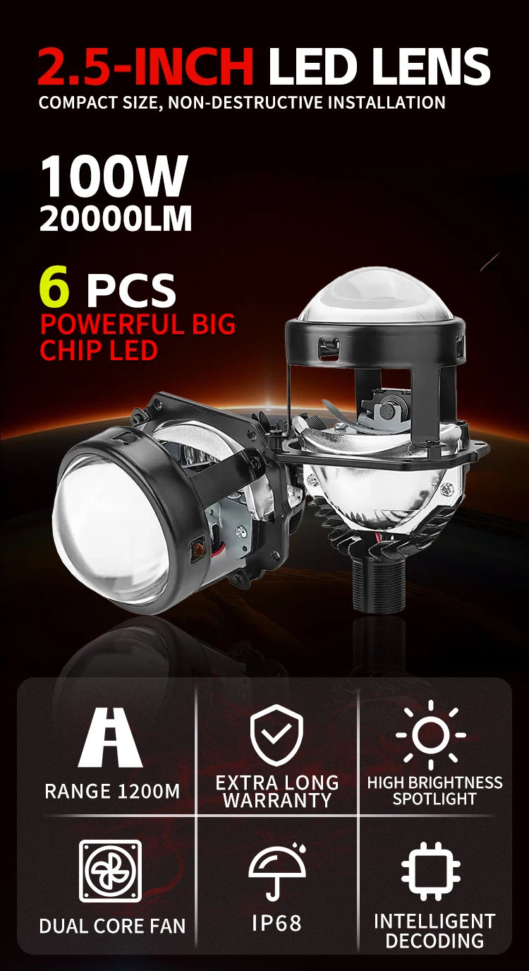 2.5 Inch 100W Bi-Led Projector Lens Led Light For H4 H7 9005 9006 Car Headlight Bulbs High Low Beam 6000K Diodes Turbo H7 Tuning
