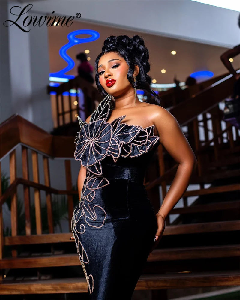 2024 Black Velvet Mermaid Bespoke Occasion Dresses Long African Women Elegant Evening Gowns Custom Made Beaded Prom Party Dress