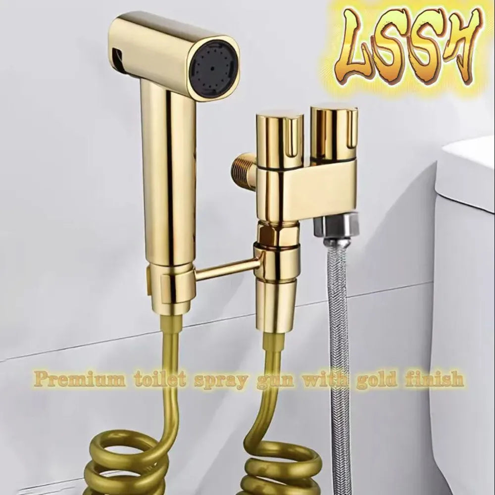 Premium toilet spray gun with gold finish, wall mounted, equipped with handheld bathtub sprayer and 2m hose dual spray