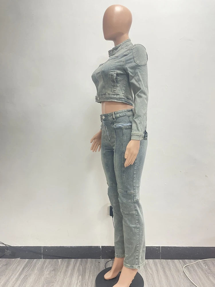 Sexy Denim Women Sets Vintage Wash Stretch Moto Jacket and Skinny Jeans Suit 2025 Fall Streetwear 2 Two Piece Set Outfits