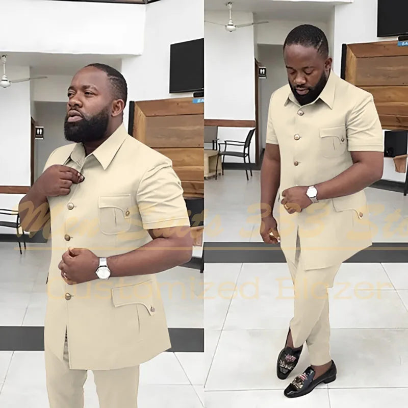 Summer Men's Suits Solid Color Short Sleeve Single Breasted Stand Lapel Casual Outfits 2 Piece Jacket Pants Set Slim Fit Terno