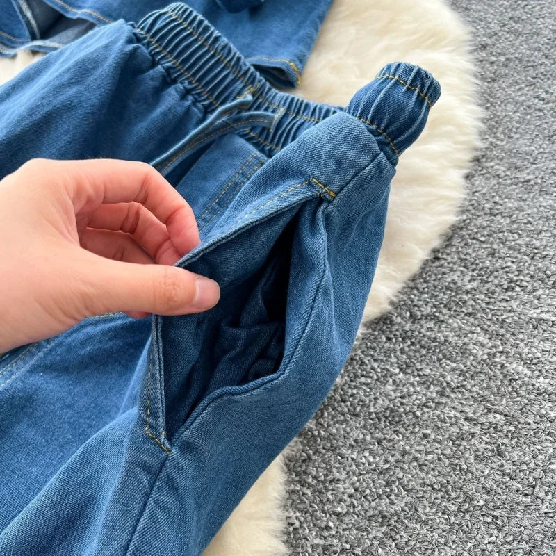 Vintage Denim 2 Piece Sets Women Outfit Spring Clothes Women 2026 Long Sleeve Shirt Top Straight Jeans Pant Set Cowboy Woman Set