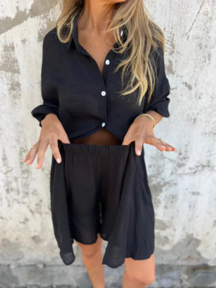 2026 Women's Casual Solid Color Cotton and Linen Shorts Long Sleeve Wrinkle Shirt Two-piece Set
