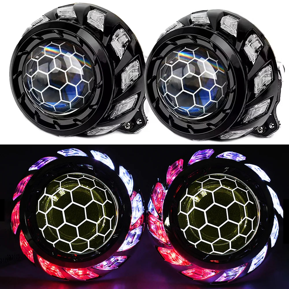 120W 2PCS 3.0 Inch Blue Honeycomb Bi LED Projector Lens Retrofit H1 H4 H7 H11 Universal Car Headlamp Retrofit Styling 6000K