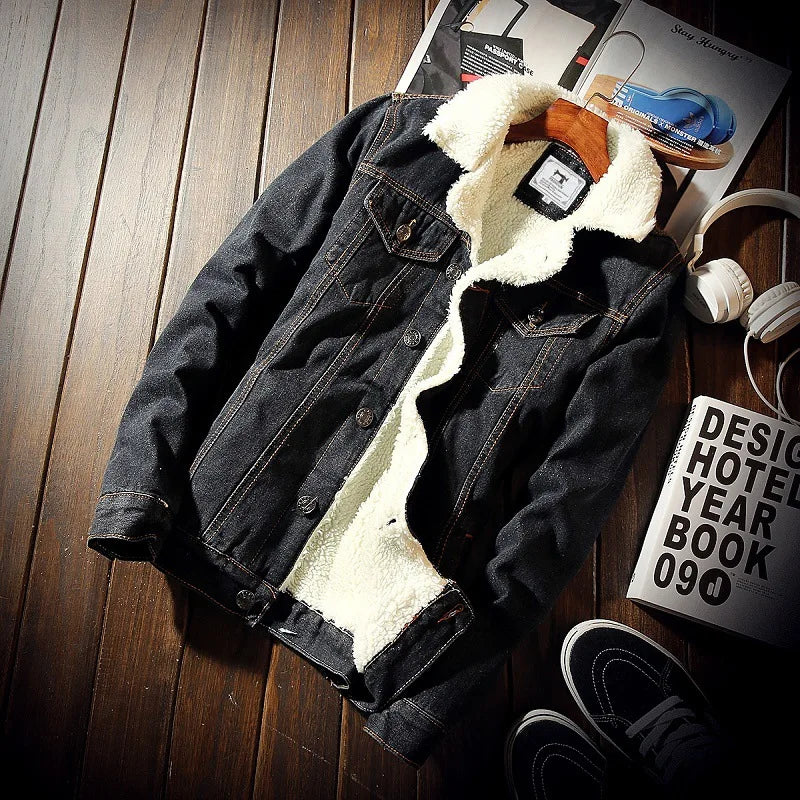 Autumn Winter Fleece Denim Jacket Men's Slim Thick Sherpa Casual Outerwear
