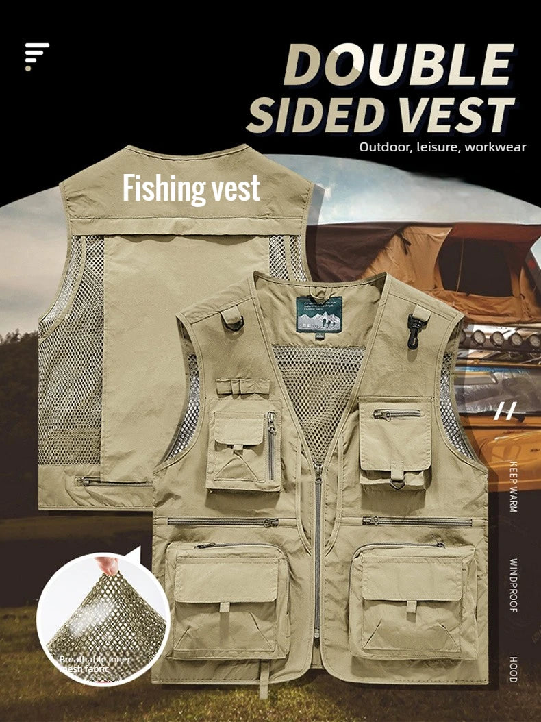 Mesh Men's Fishing Vest Multi Zip Pocket Hiking Waistcoat Male Light Thin Outdoor Sleeveless Jacket Work Summer Travel Plus Size