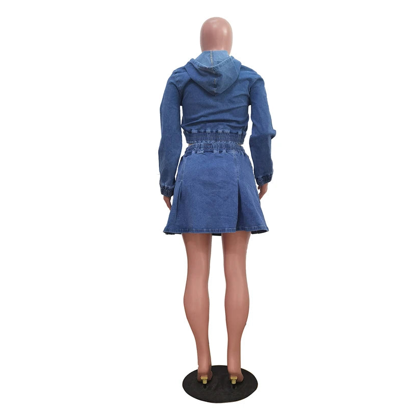 Streetwear Denim 2 Piece Sets Women Outfit Spring Clothing Women Full Sleeve Hooded Crop Top Pleated Skirt Sets Jean Dress Sets