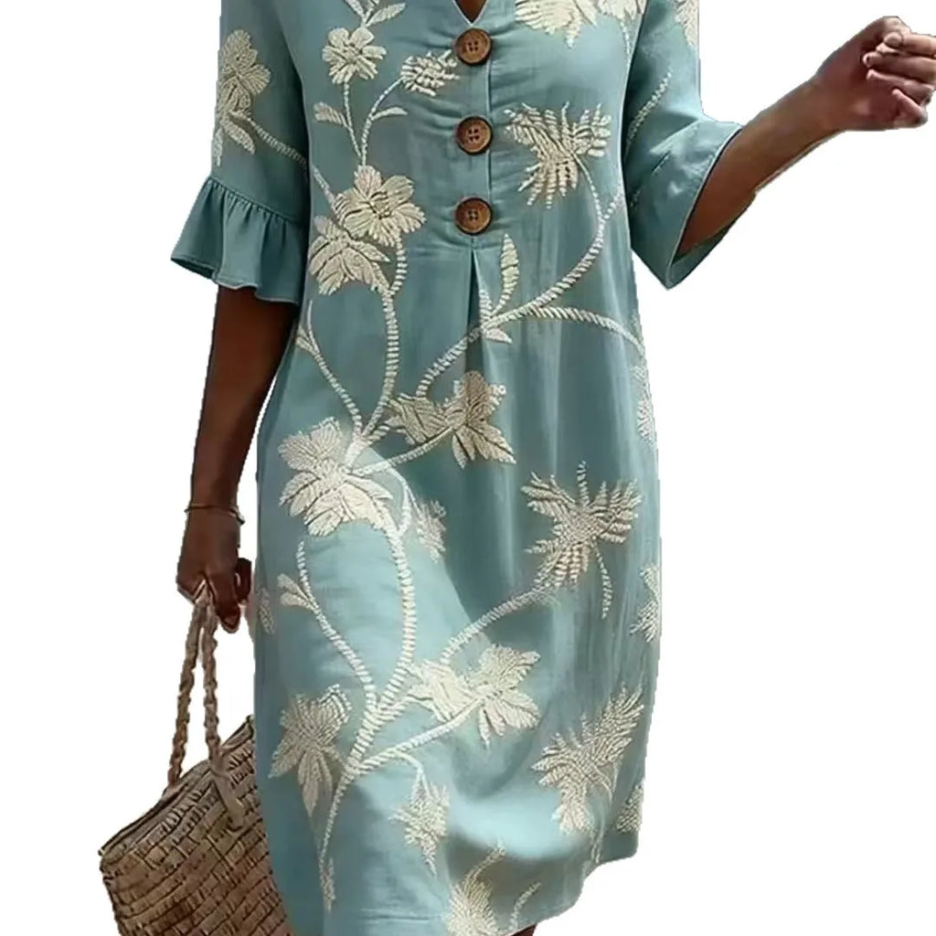 Mom Casual Dresses V Neck Elegant Retro Printed Medium Sleeved Dress Summer Fashion Streetwear Maxi Vestidos For Daily Fit