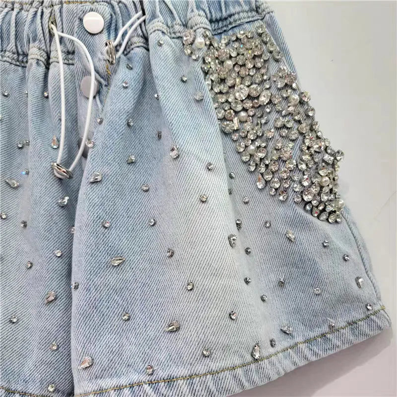 Shorts Women Jeans Straight Denims Sexy Diamonds Vintage Washed Distressed High Waist Button Summer Streetwear Short Pants