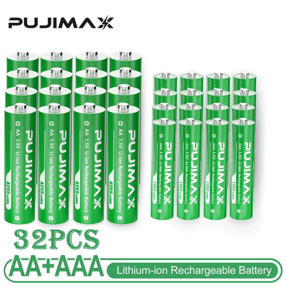 PUJIMAX Lithium-Ion Rechargeable Battery High-Capacity 1.5V 4255mWh AA&1100mWh AAA Battery for Remote Control Mouse Electric Toy