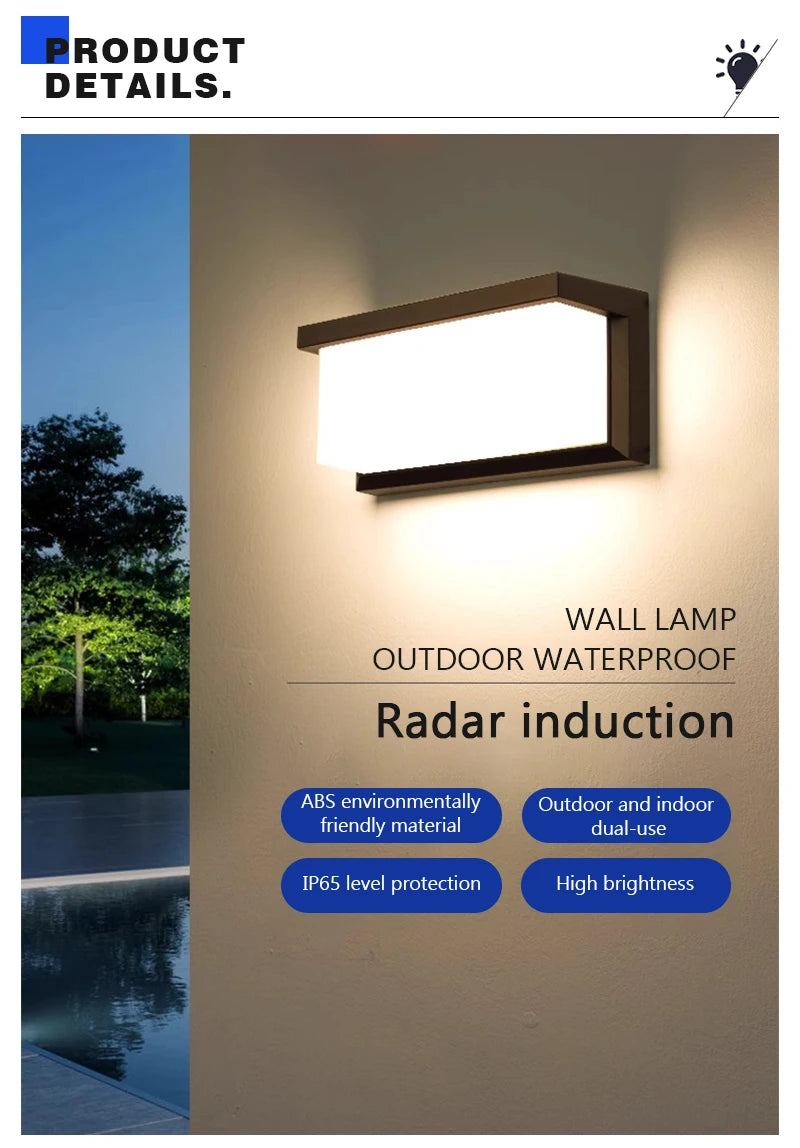 LED Outdoor Waterproof Wall Light 15W Radar Sensing Indoor Bedroom Living Room Outdoor Porch Wall Light Garden Decorative Light