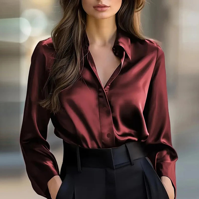 Fashion Women Long Sleeve Silk Shirt Black Turn Down Collar Button Blouse Women Office Tops Mesh See Through Sleeve Satin Shirt