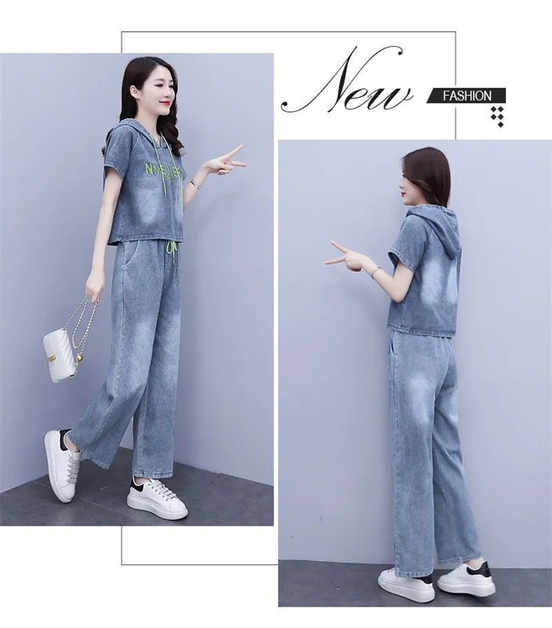 Summer Thin Jeans Set Women Fashion Short Sleeve Hooded Pullover Tops + Elastic Waist Wide Leg Pants 2PCS Female Denim Outfit