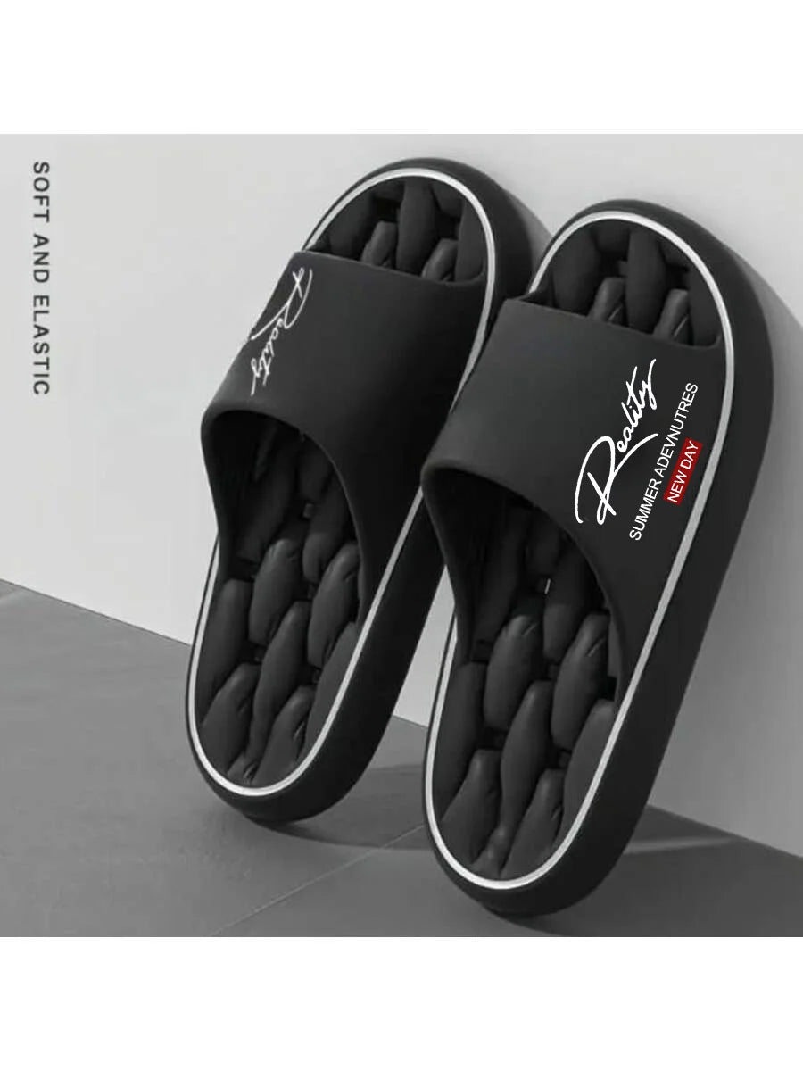 Unisex Ins-Style Reality Print Sandals with Thick Soles, Hollow Design, Quick-Drying, Suitable for Home and Bathroom, Versatile Couple's Slip-On Sandals