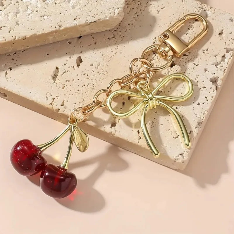 Classic Red Cherry Bow Pendant Keychain for Women Bag Decoration Car Key Chain Fashion Key Rings Party Gift Keychain Accessories