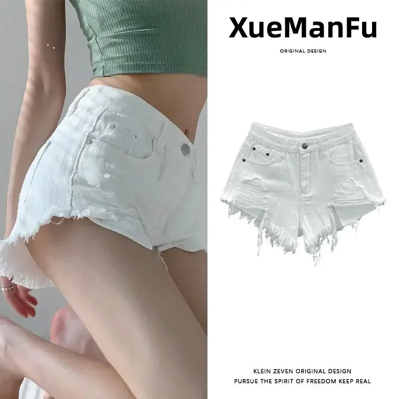 Women's Slim and Low Waist A-line Hairy Wide-leg Hot Girl Ripped Denim Shorts