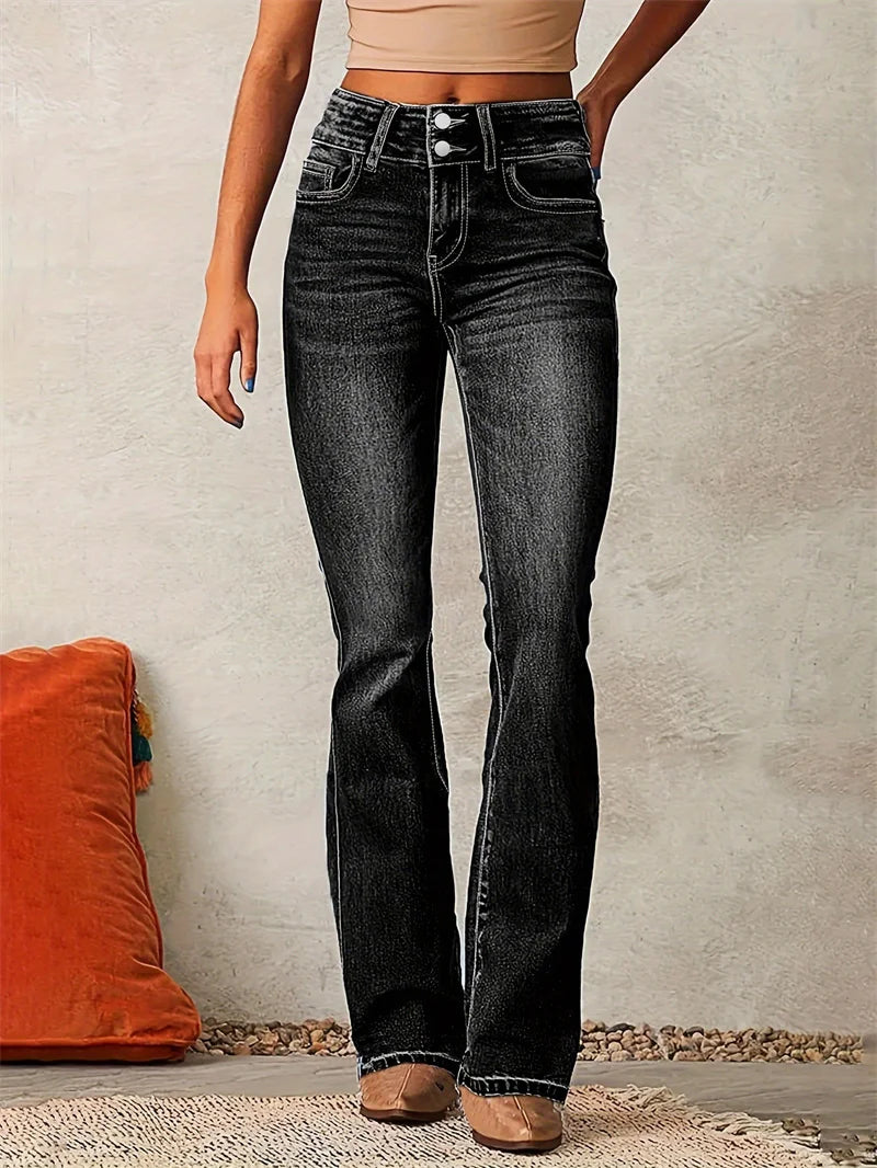 2025 Vintage Mid Waist Washed Stretch Jeans Women New Micro Flared Trousers Casual Commuter Female Denim Pants Trend Streetwear