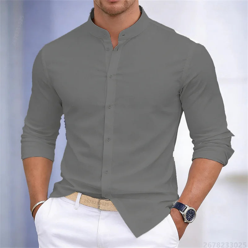 Men's stand-up collar white or black long-sleeved shirt, solid color shirt, slim fit business casual men's top, sizes XS-6XL.