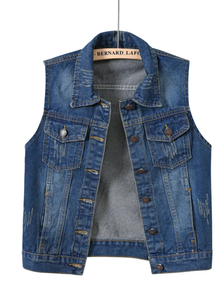 Denim Vest Women Short 2025 Spring New Hooded Big Pocket Sleeveless Jacket All-Match Slim Top Cardigan S-XXXXL Black Vest