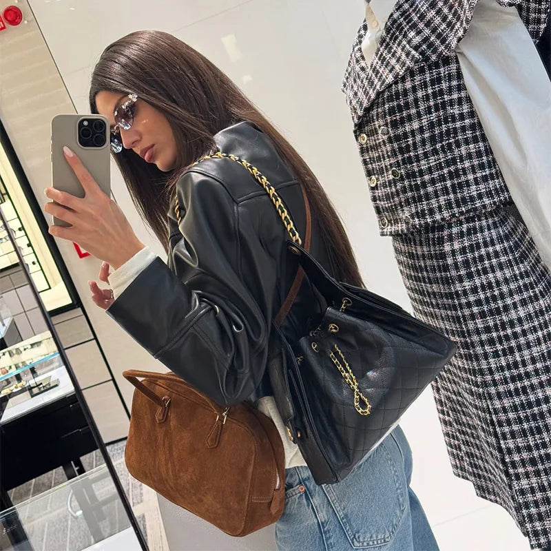 Stylish Cool Girl Faux Short Leather Jacket Elegant Luxury Vintage Smooth Button Coat Women's 2026 Motorcycle High Street Tops