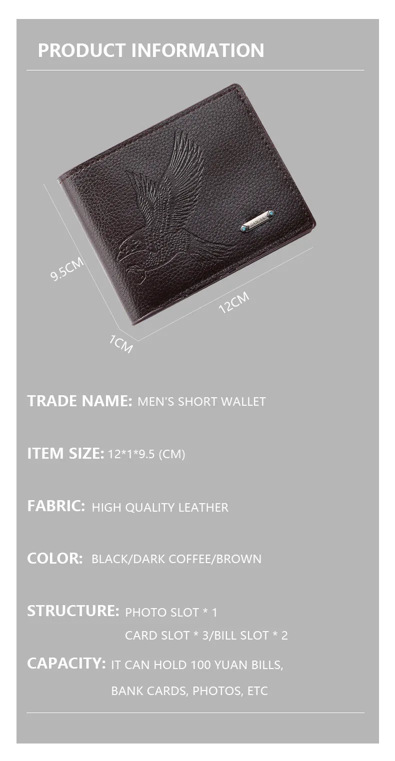 Classic Men's Leather Wallets Slim Minimalist Hawk Pattern Bifold Credit ID Card Holder Wallet Purse Short Thin Money Clip