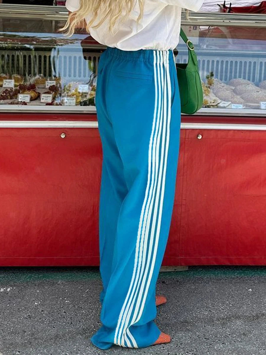 New Fashion Womens Striped Pants Loose Elastic Waist Drawstring Straight Leg Casual Sweatpants With Pockets Streetwear S M L
