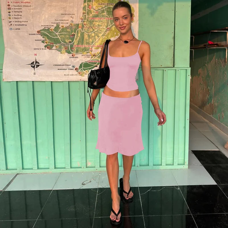 Hugcitar Casual 2 Piece Sets Solid Slips Backless Sexy Crop Camis Top Midi Skirt Women Summer Outfits Party Holiday Club