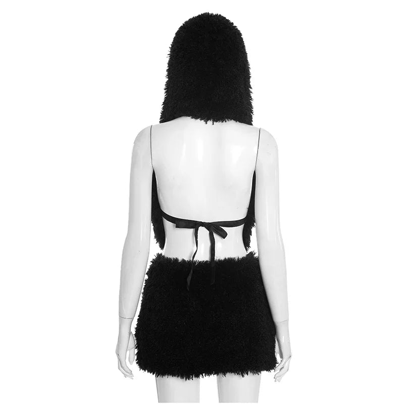 2026 Fall Winter Fashion Faux Fur 2 Piece Set Women Lace Up Backless Hooded Tank Tops + Bodycon Mini Skirts Casual Street Suits