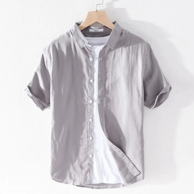 High Quality Cotton Linen Men's Summer Fashion Shirt Solid Color Simple Casual Short Sleeve Blouses Basic Thin Breathable Tops
