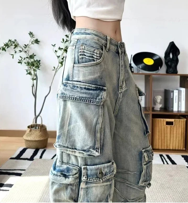 Jeans Women Denim Distressed Multi Pocket Y2k Streetwear Cargo Pants Casual High Waist Zipper Fly Winter Gradient Mom Jeans