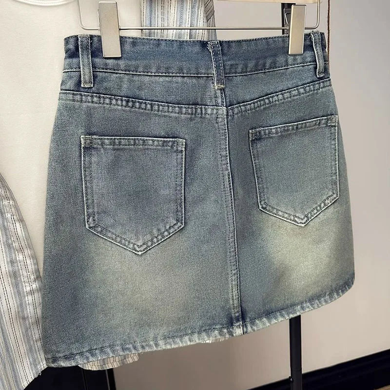Women's Denim Skirts Vintage High Waisted Slim Fit Washed Jean Mini Skirts for Woman 2025 New Fashion Y2K A-Line Short Skirts