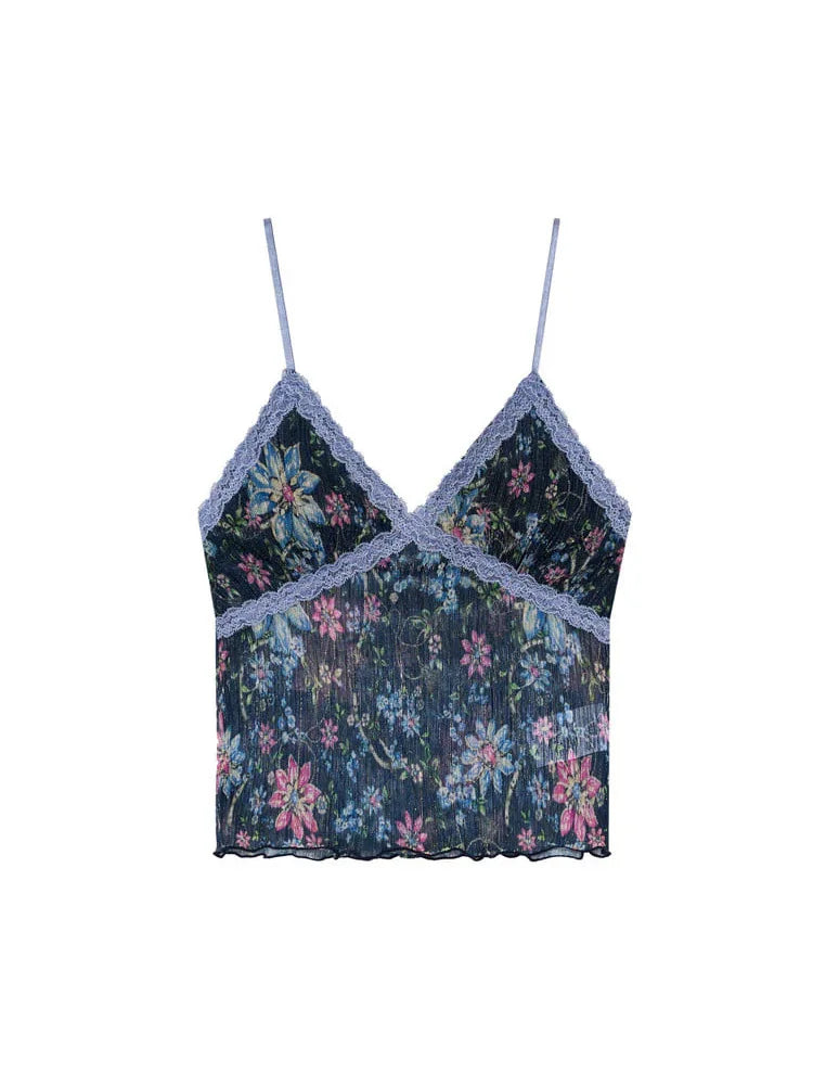 Summer women's retro floral vest with lace trim, V-neck adjustable sexy short vest, suitable for daily street casual Y2K vest