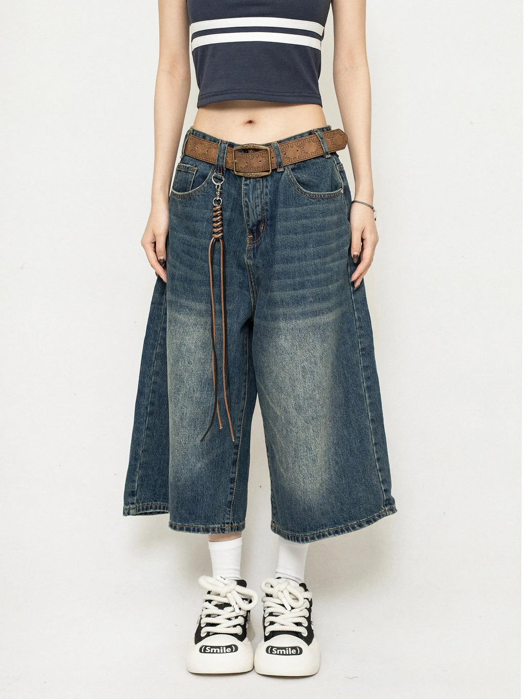 High Waist Black Retro Washed Denim Shorts Women's Harajuku Vintage Fashion Casual Loose Y2K Streetwear Mid Long Wide Leg Pants