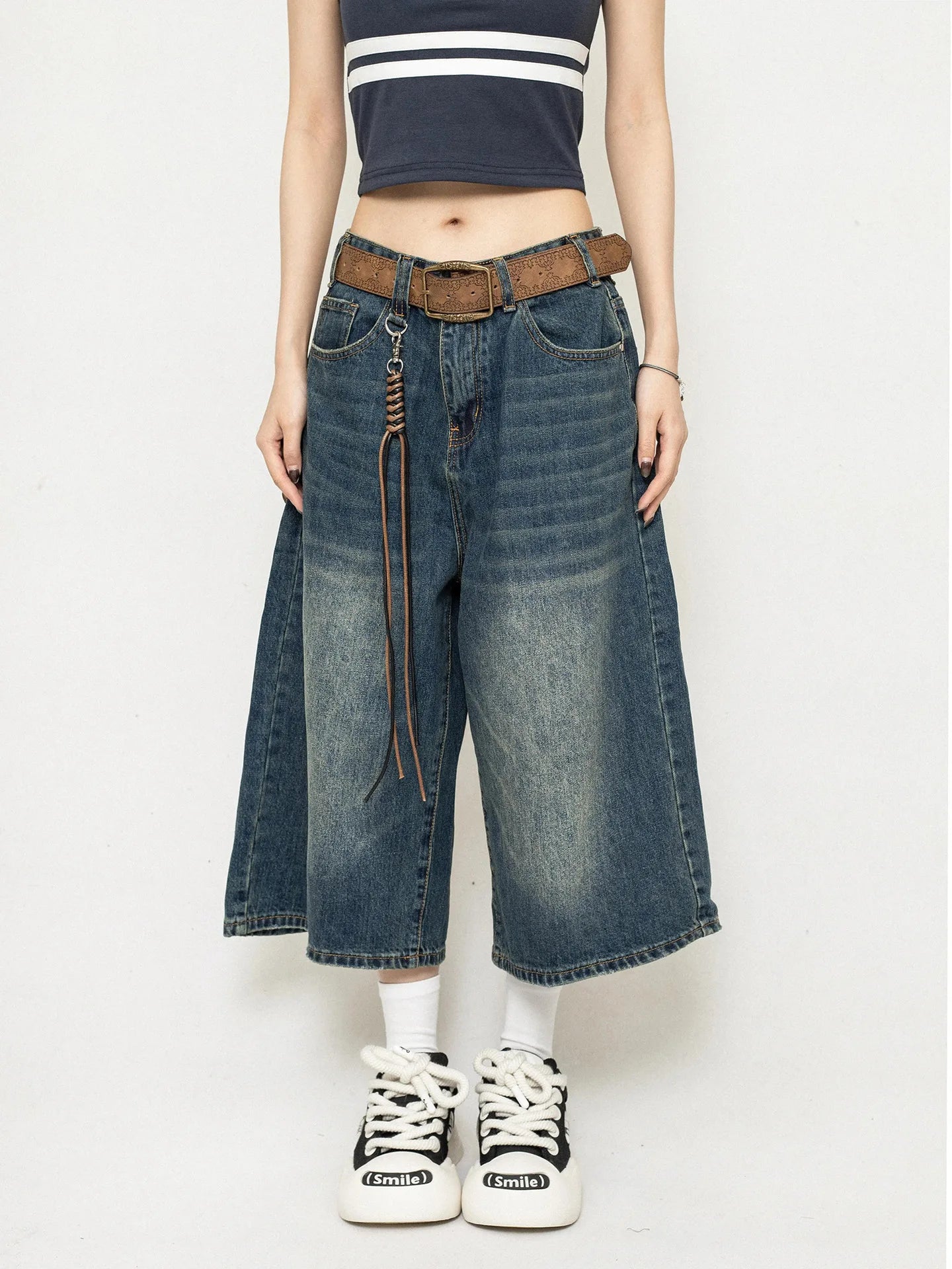 High Waist Black Retro Washed Denim Shorts Women's Harajuku Vintage Fashion Casual Loose Y2K Streetwear Mid Long Wide Leg Pants