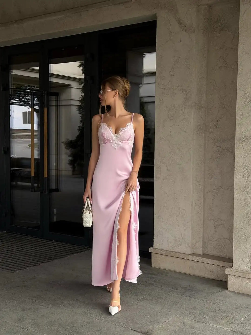 Women's Pink Satin Lace Patchwork Split Dress Sexy V-neck Sleeveless Backless Slim Maxi Gowns 2026 Female Evening Party Vestidos