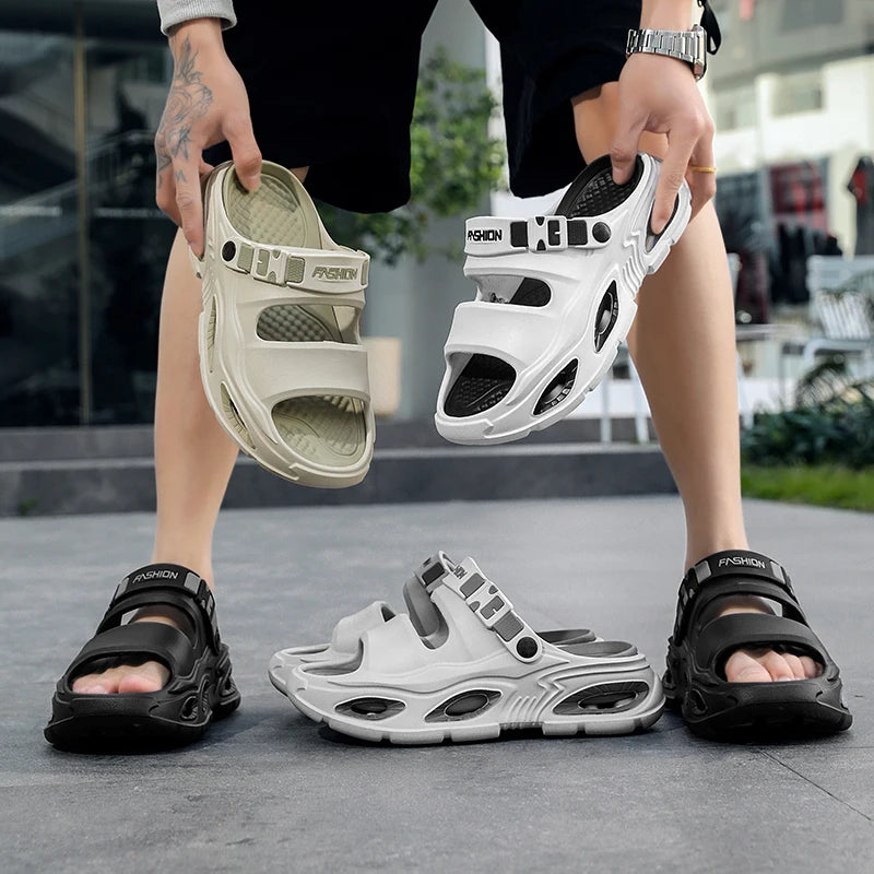 Summer New Style Men's Simple Hollow-Out Dual-Wear Beach Flip-Flops, Sizes 38-45, Thick-Soled Drainage Eva Sandals