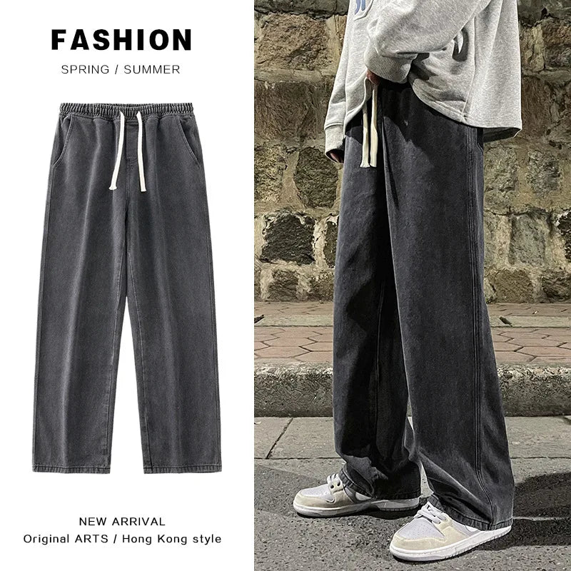 Fashion Men's Solid Color Drape Jeans Loose Straight Korean Vintage High Street Hip-hop Y2K Casual Daily Dragging Wide-leg Pants