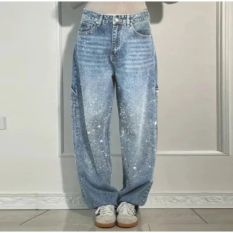 Shiny Rhinestone Baggy Women's Wide Leg Jeans Full Diamond Wide Leg Dragging Denim Pants Vintage Washed Pants Casual Trousers