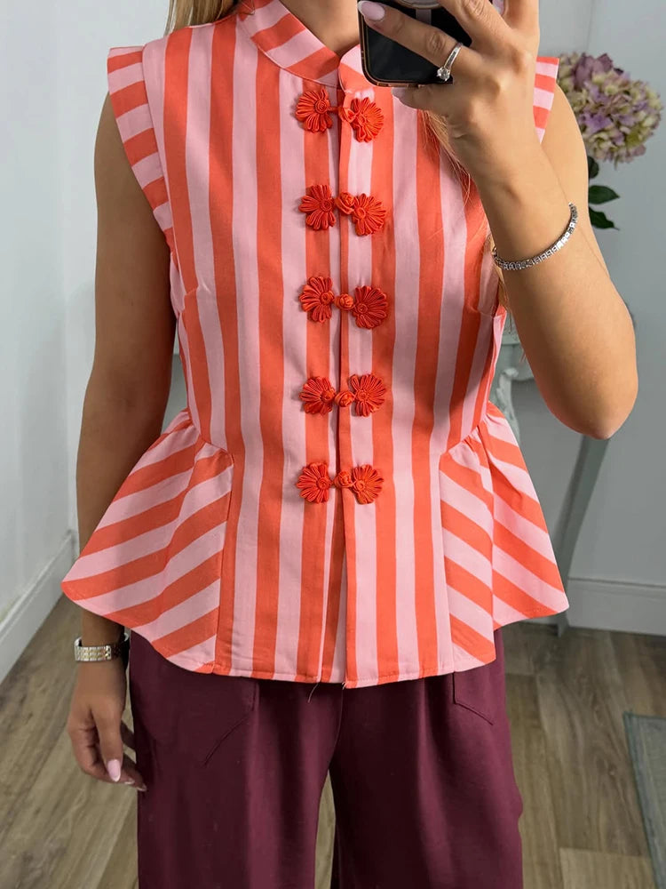 Striped Mandarin Collar Frog Button Ruffle Trim Top Striped Single‑breasted 2026 Summer Women Blouse Versatile Casual Lady Top