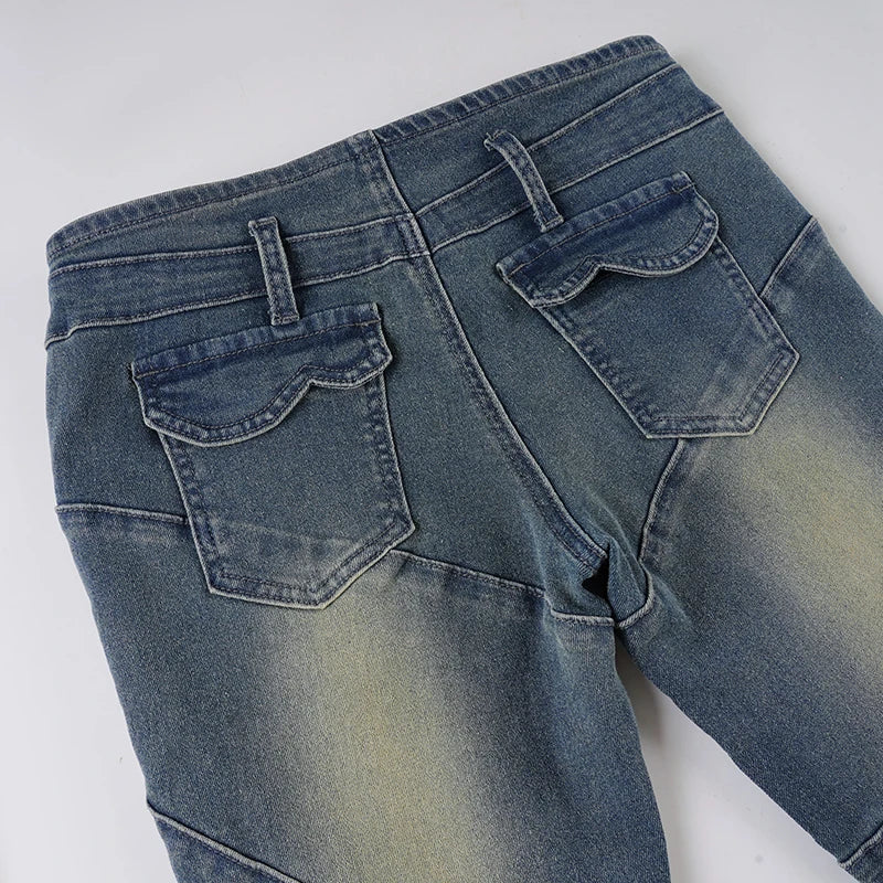 SUCHCUTE Fashion Vintage Low-Waisted Jeans for Women Y2K Streetwear Slim Denim Pants Retro Grunge Skinny Jeans All Match Clothes